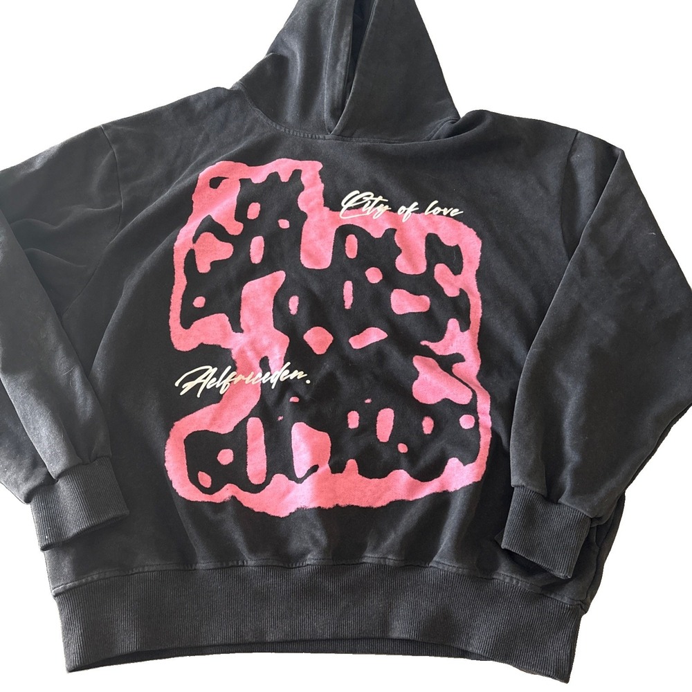 Aelfric Eden Abstract Print Black Washed Hoodie City of Love pullover size M